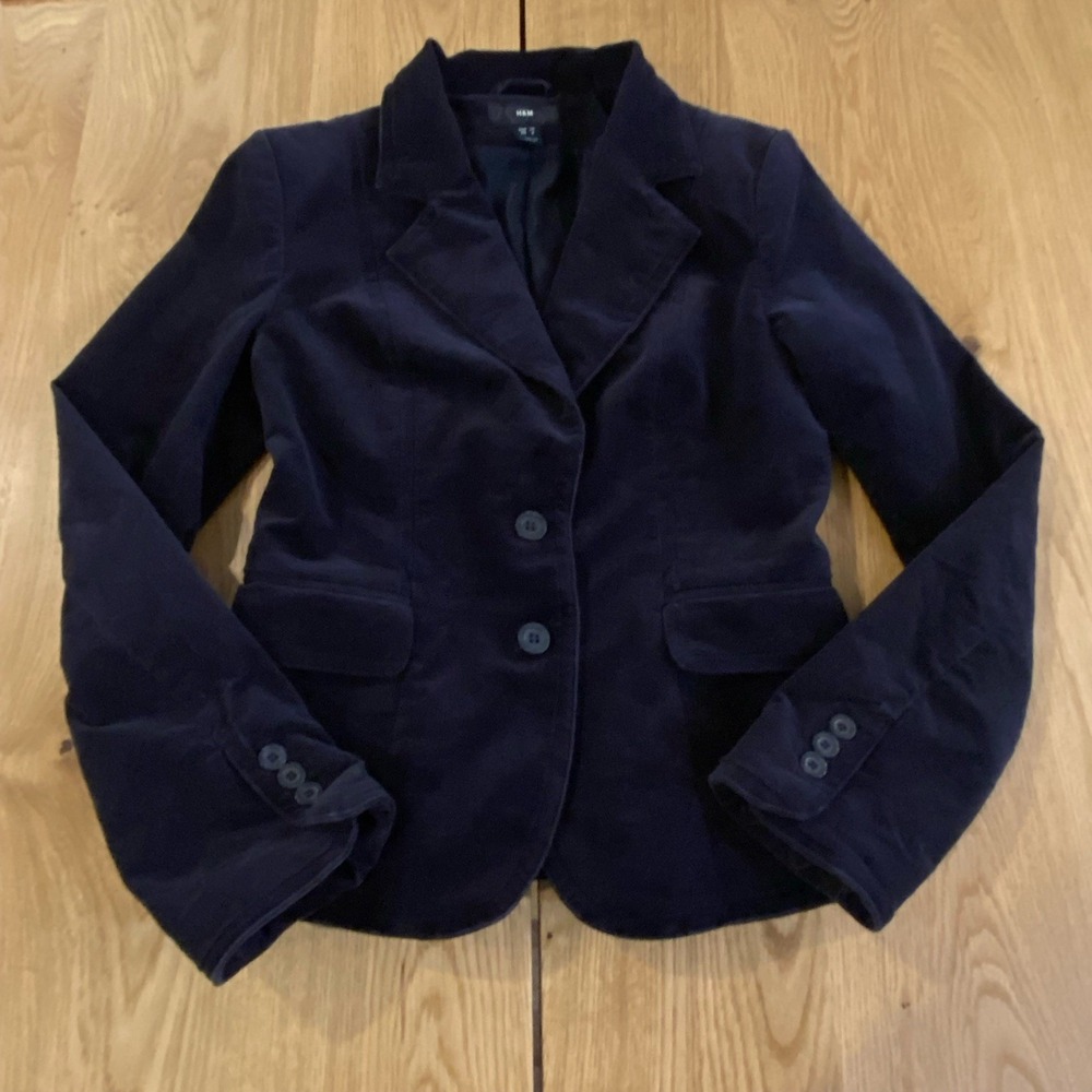 H&M Velour Blazer Womens Size 8 Black Ruffled Coat Business Casual